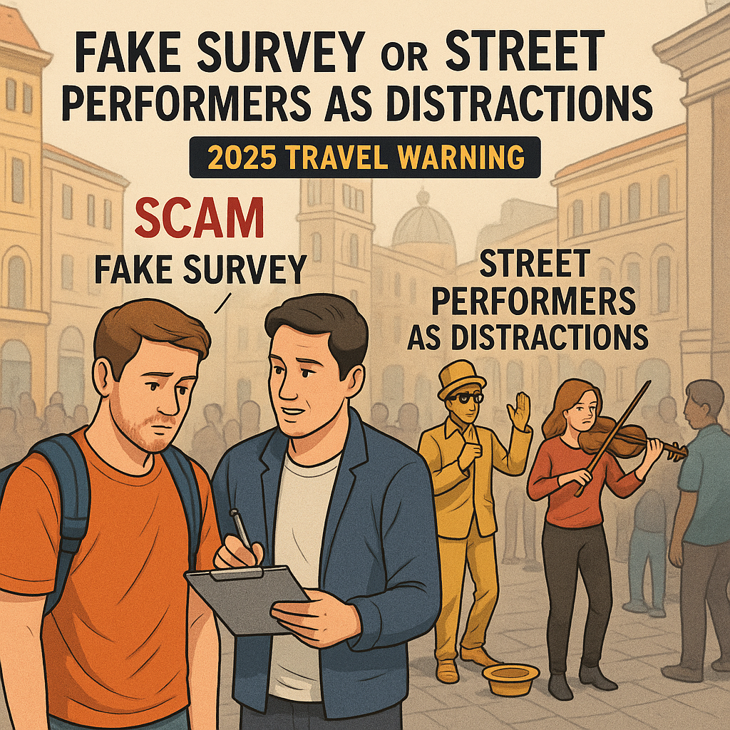 Tourist targeted by fake survey scam while distracted by street performers in a European city – 2025