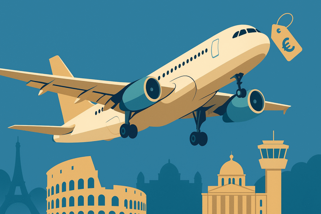 Illustration of budget travel and cheap flights Europe 2025