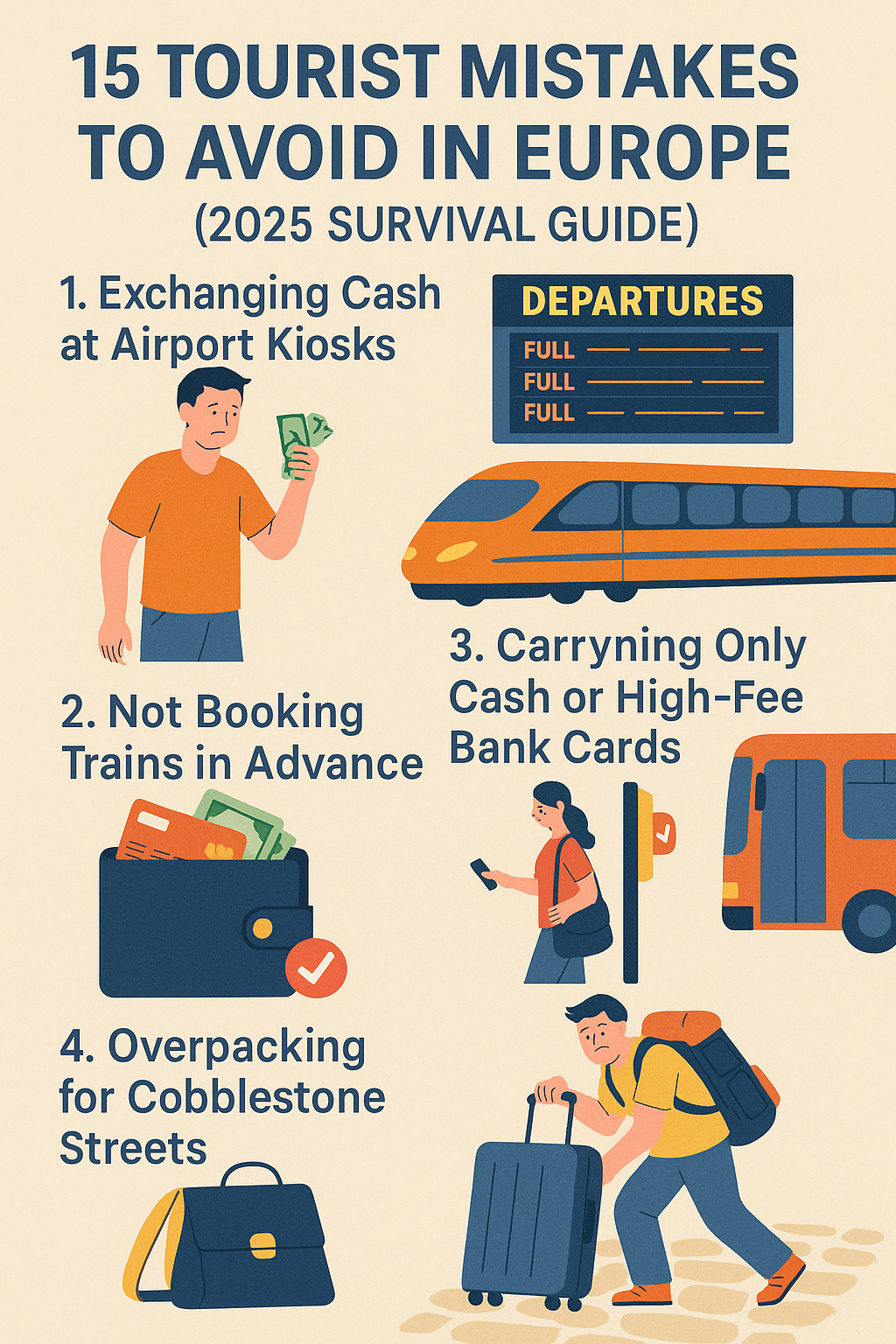 Infographic showing 4 common tourist mistakes in Europe: exchanging cash at airport kiosks, not booking trains in advance, carrying only cash or high-fee bank cards, and overpacking for cobblestone streets.