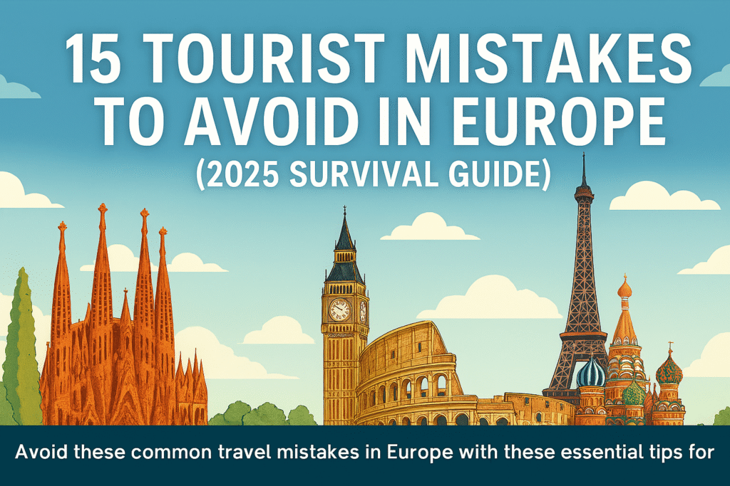 Featured image for 15 tourist mistakes to avoid in Europe 2025 guide showing famous landmarks like the Eiffel Tower and Big Ben