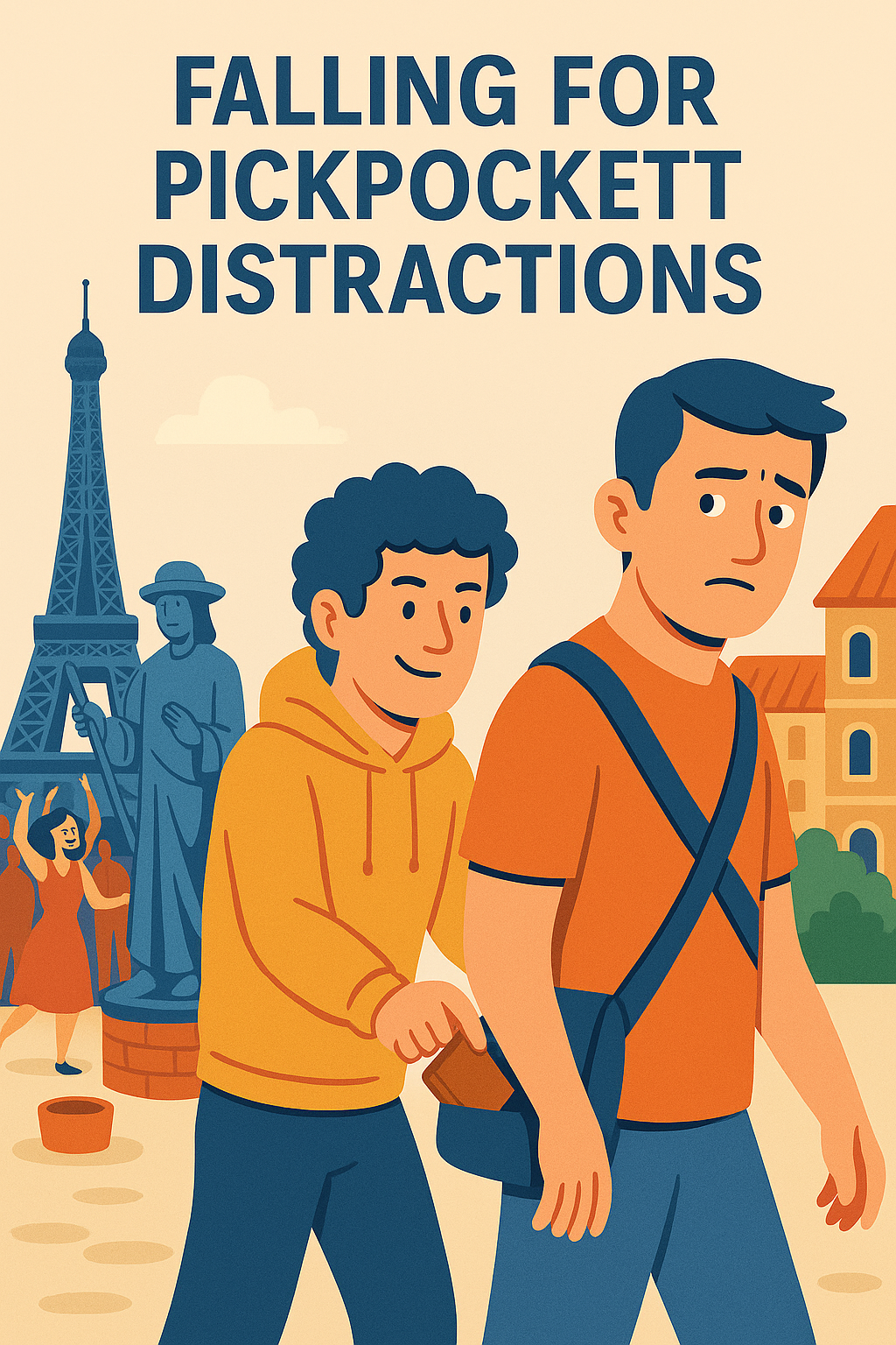 Illustration of a tourist distracted by a street performer while a pickpocket steals their wallet in a busy European city